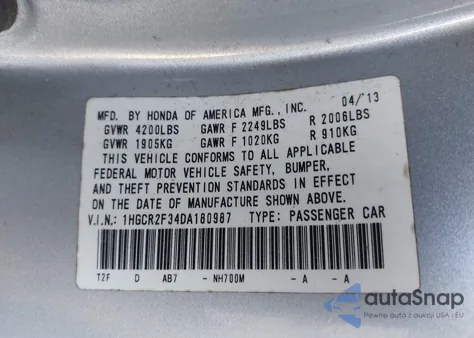 2013 Honda Accord Lx z USA, uszkodzony, nr VIN 1HGCR2F34DA180987